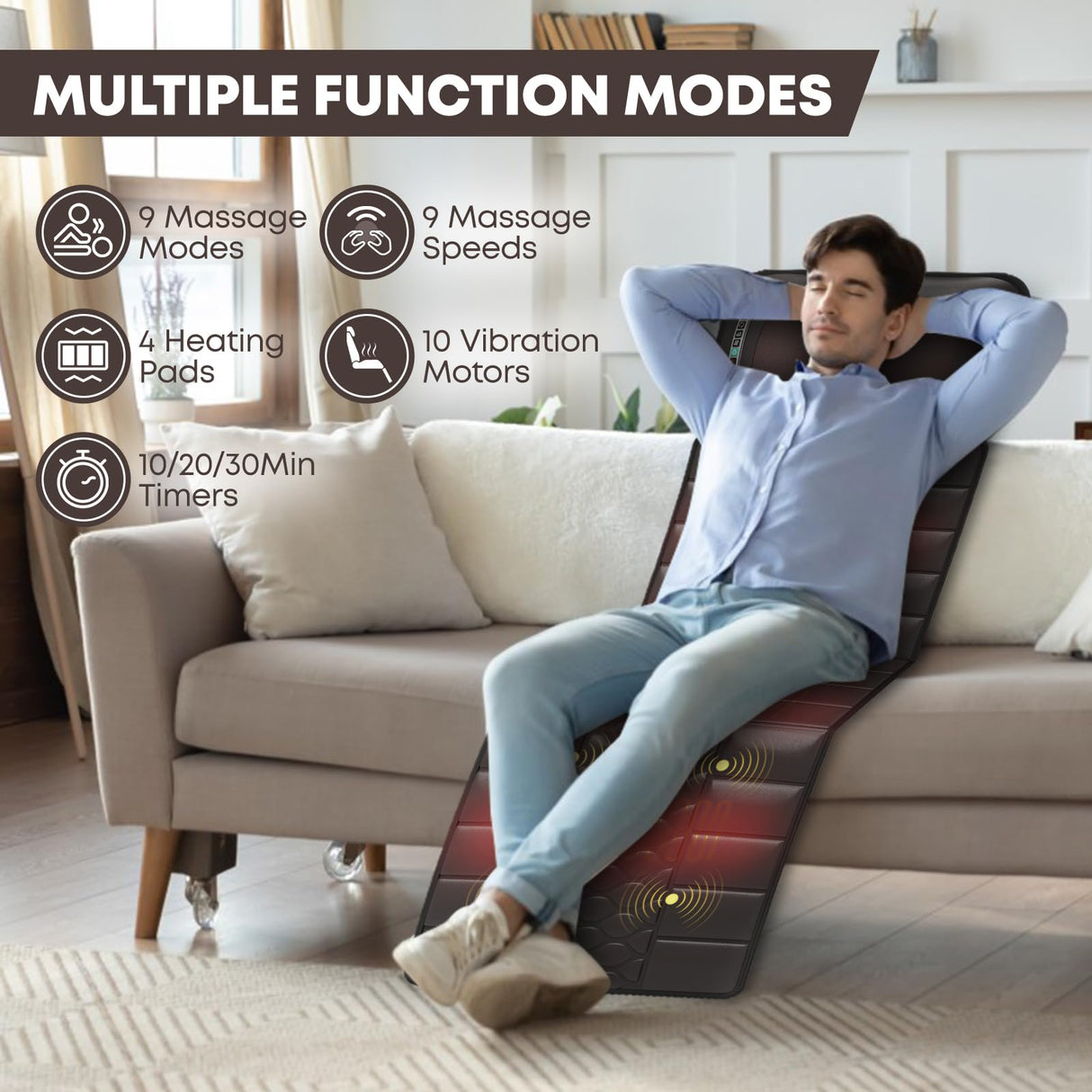 Massage-Mat, Detachable Neck Massager, Full Body Vibration Heating, Massage Pad with 10 Vibrating Motors and 9 Speed Settings for Home Office Use, Brown