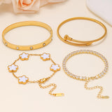 Gold Bracelets for Women, 18K Gold Plated Women Tennis Bracelets Clover Nail Love Bangle Bracelet Set, Gold Bracelet Stackable Set Trendy Jewelry, Gifts for Women's Day and Mother's Day (04-Color-white)