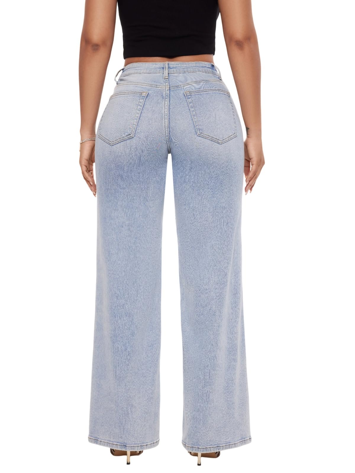 ONESO Wide Leg for Women Mid Low Rise Baggy Jeans Distressed Pants Stretchy Bottom Lady Basic Comfortable Denim (US, Numeric, 28, Regular, Regular, Light Blue)