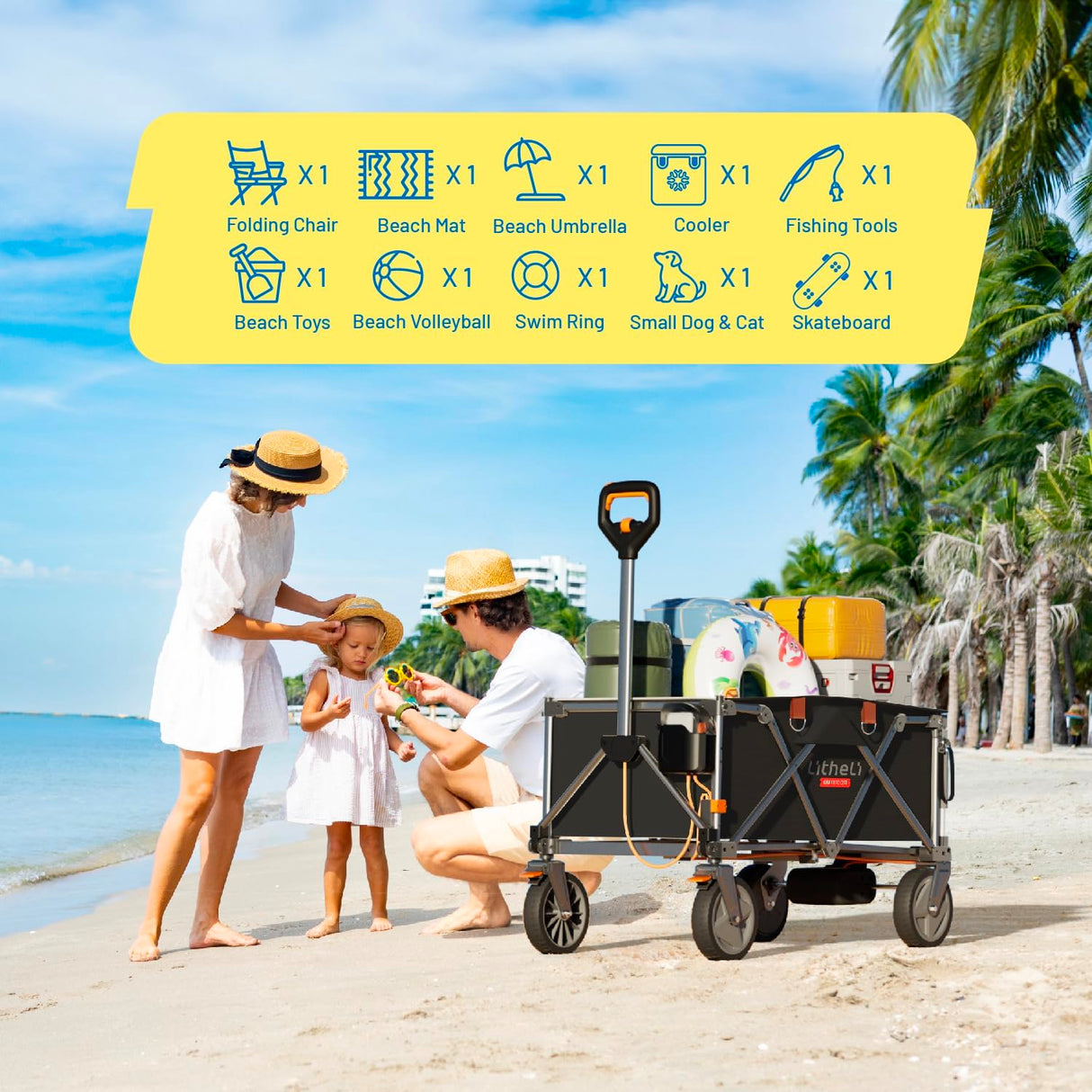 Litheli Electric Wagon Cart with 2 Battery, All-Terrain Wheels & Variable Speed | 200L Capacity, 300 lbs Heavy-Duty Utility Wagon for Camping Beach Garden Shopping