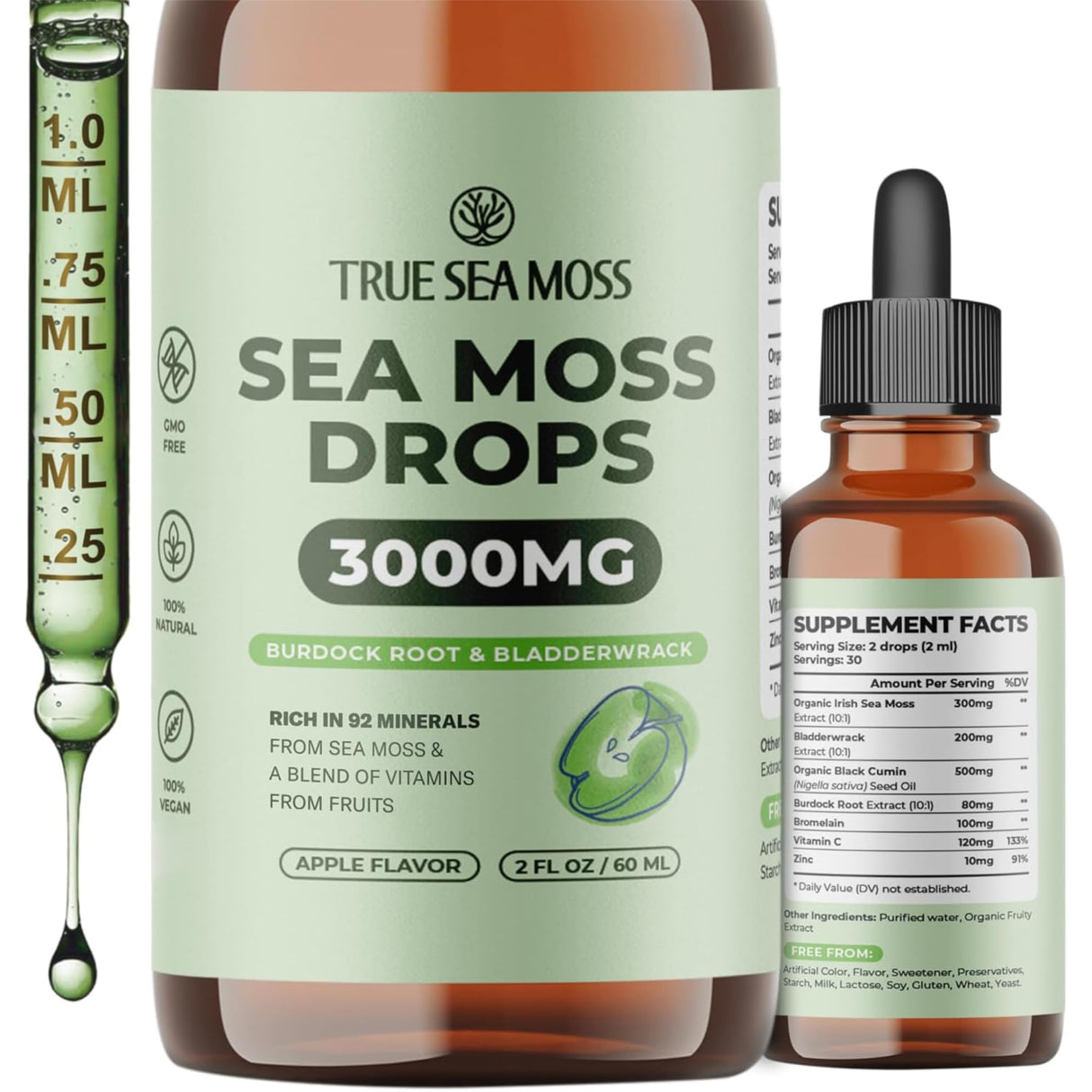 TrueSeaMoss 3000mg Irish Sea Moss Drops with Burdock Root & Bladderwrack for Digestive System & Muscle Recovery Support - 2 Fl Oz Apple NW1