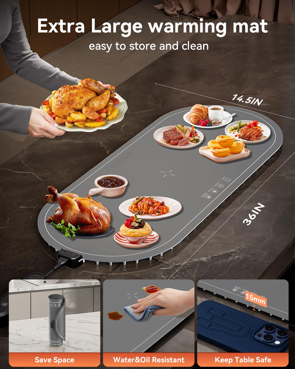 Warming Mat for Food Extra Large, 36"x15" Food Warming Mat with Heat Insulation Pad, Silicone Heating Mat for Food, Rollable & Portable, Food Warmers for Parties Buffet,Gatherings,Everyday Use
