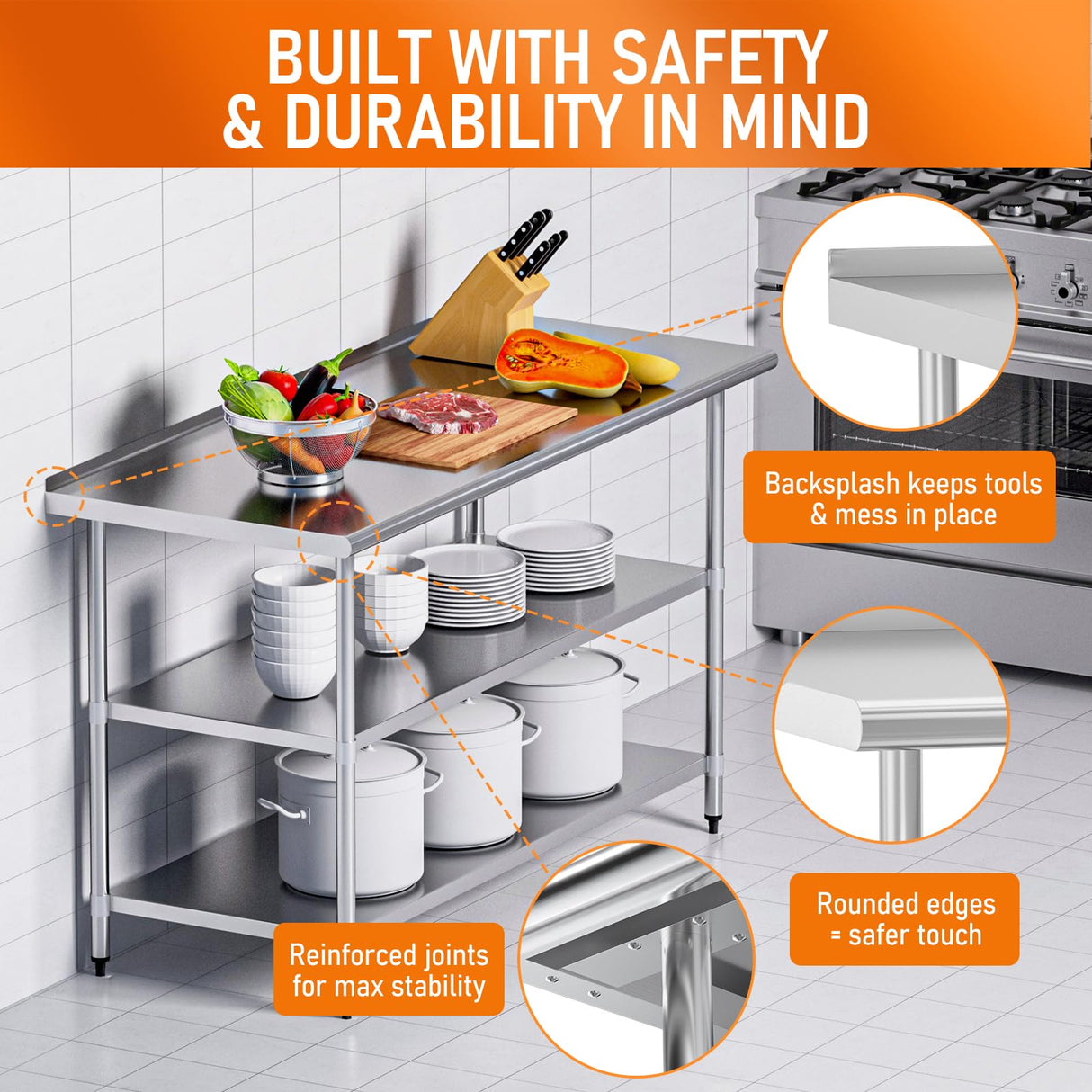 HOCCOT Stainless Steel Prep Table 24" X 60" with 2 Adjustable Undershelves, Backsplash and Wheels, Commercial Metal Workstations for Kitchen, Garage, Outdoor BBQ