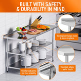 HOCCOT Stainless Steel Prep Table 24" X 60" with 2 Adjustable Undershelves, Backsplash and Wheels, Commercial Metal Workstations for Kitchen, Garage, Outdoor BBQ