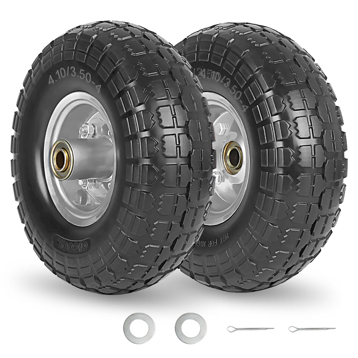 GICOOL 4.10/3.50-4" Flat Free Tire and Wheel, 10" Heavy Duty Solid Tire, 5/8" Axle Bore Hole, 2.2" Offset Hub, for Hand Truck Garden Cart Wagon Trolley Dolly, 2 Pack