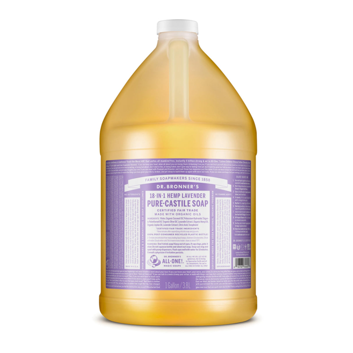 Dr. Bronner's - Pure-Castile Liquid Soap (Lavender, 1 Gallon) - Made with Organic Oils, 18-in-1 Uses: Face, Body, Hair, Laundry, Pets and Dishes, Concentrated, Vegan, Non-GMO