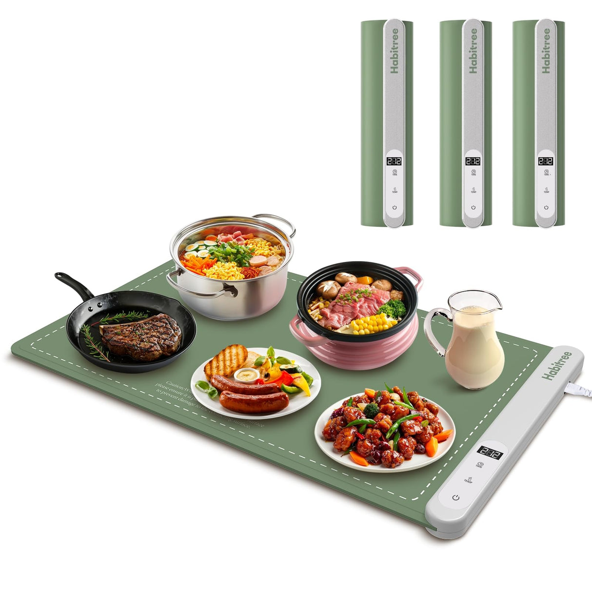 3-Pack Silicone Food Warming Mat & Food Warmers for Parties Buffet - Rapid Heating 6-Level Temp Control, Rollable Portable Easy Clean - Value Set for Gatherings & Home Daily Use（Green）