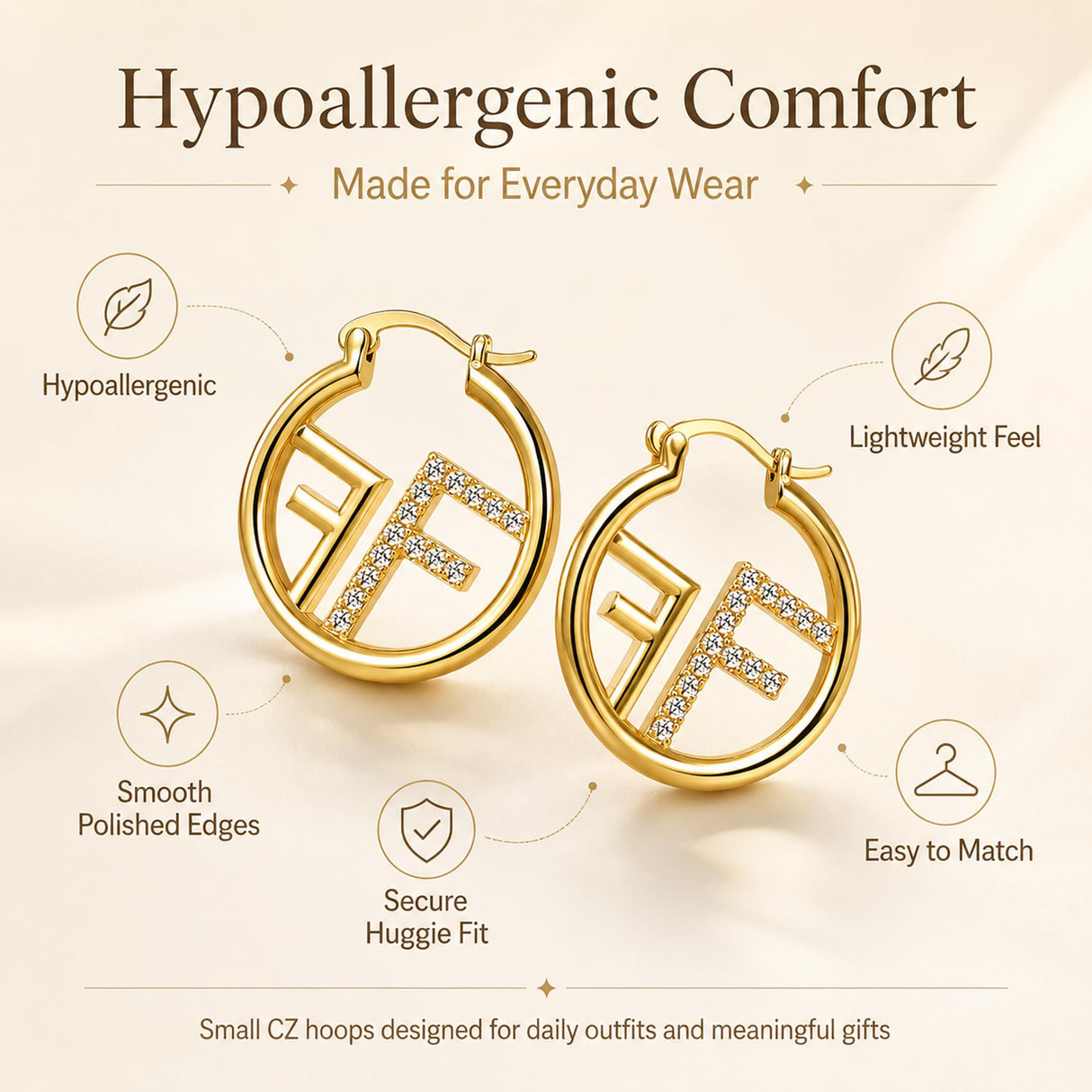 OANM studio 18K Gold Plated Hypoallergenic CZ Small Huggie Earrings for Her