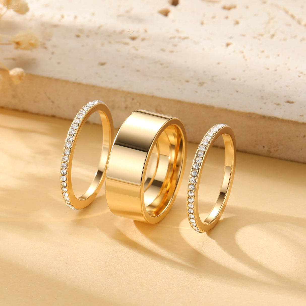 GWH Trendy 3-Pack Stackable Rings for Women - 18K Gold Plated Cubic Zirconia Simulated Diamond Oura Stack Rings for Women Size 7