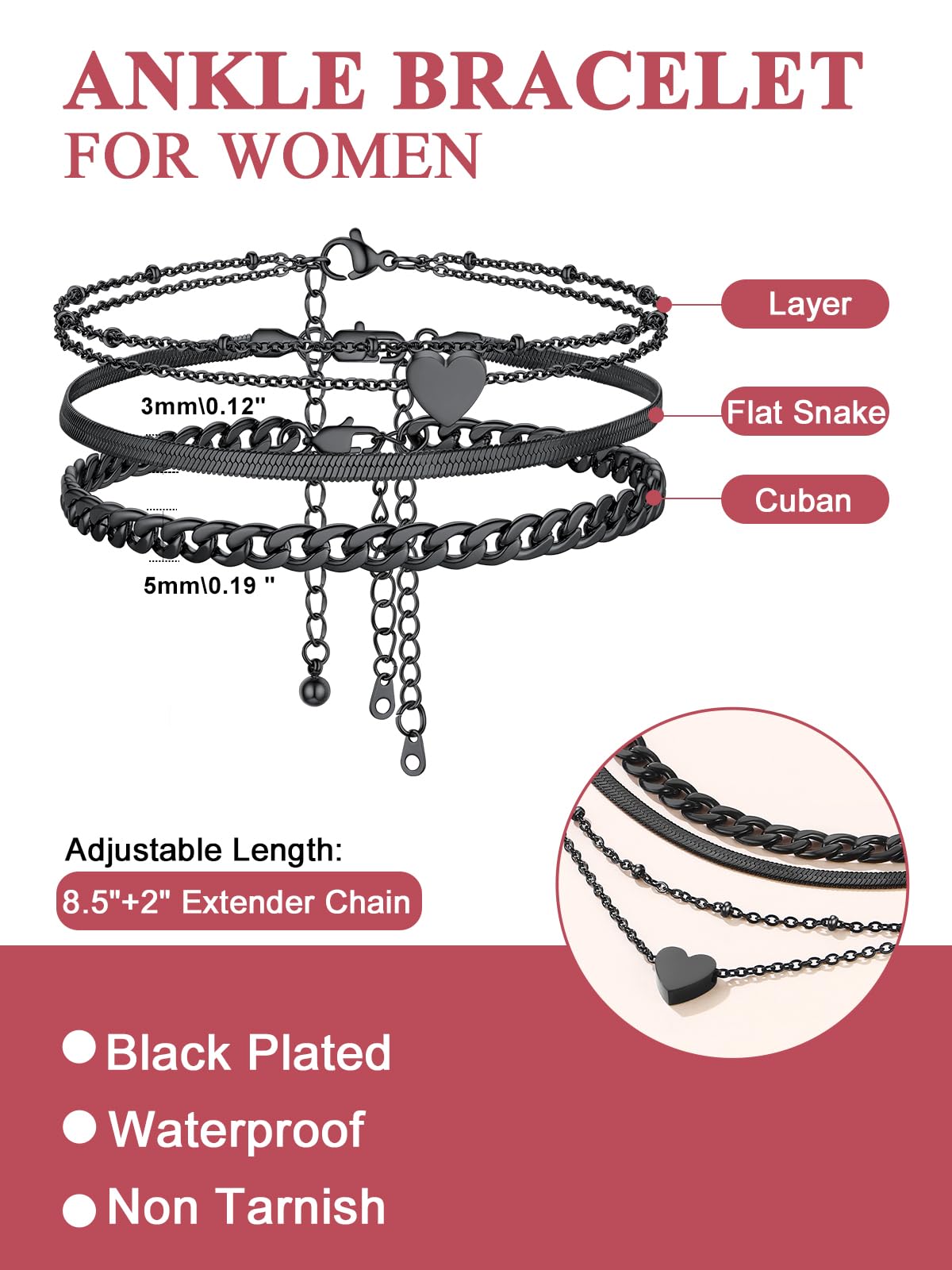 FOCALOOK Anklets for Women Waterproof, 3 Pcs Black Ankle Bracelets for Women Plus Size Adjustable Cuban Figaro Link Chain Heart Charm Anklets Set for Summer Beach Gift
