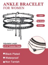 FOCALOOK Anklets for Women Waterproof, 3 Pcs Black Ankle Bracelets for Women Plus Size Adjustable Cuban Figaro Link Chain Heart Charm Anklets Set for Summer Beach Gift