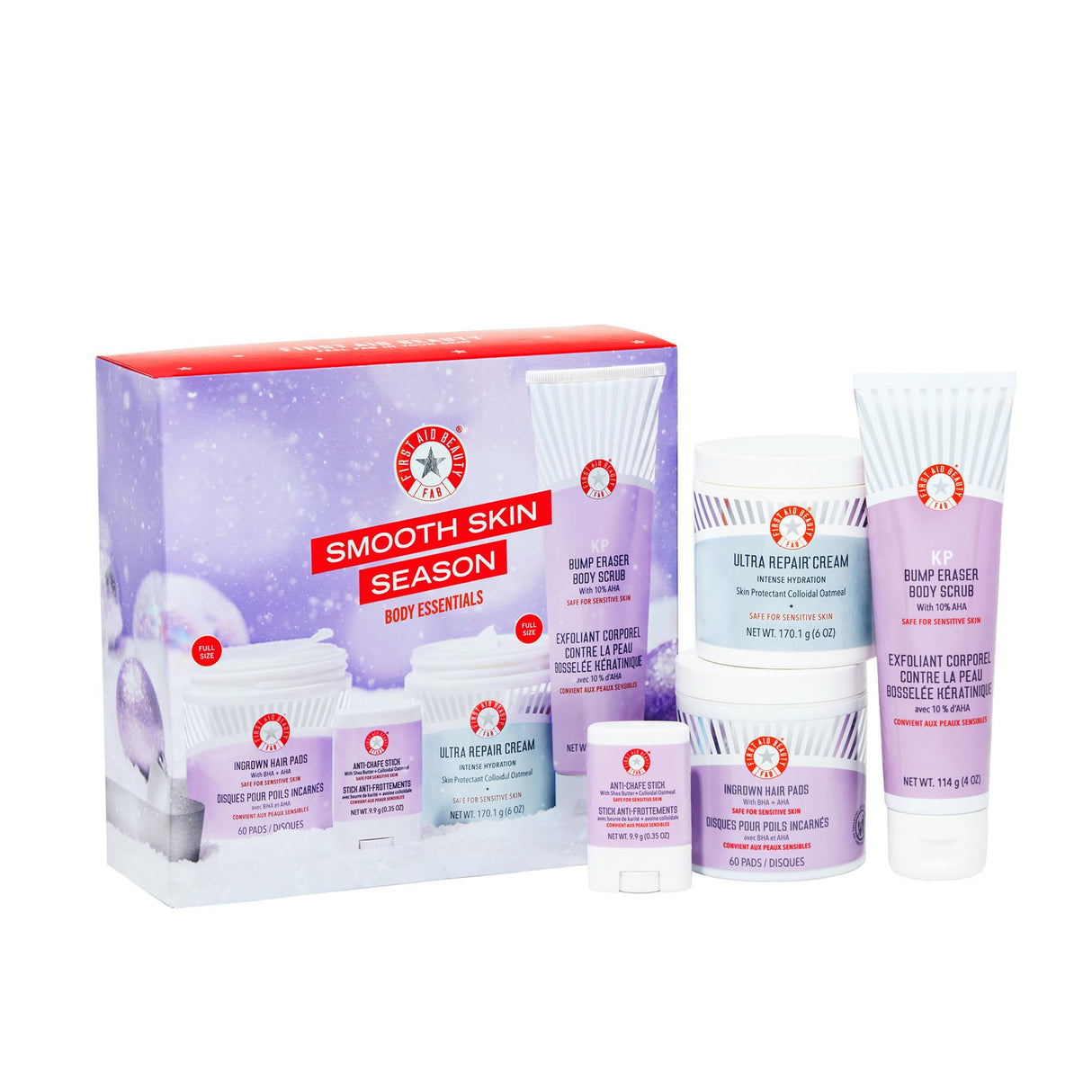 First Aid Beauty - Smooth Skin Season: KP Bump Eraser Body Scrub, 4oz, Ultra Repair Cream, 6oz, Anti-Chafe Stick, 0.35oz, Ingrown Hair Pads, 60 Pads, Deep Hydration & Exfoliating Body Essentials, 4ct