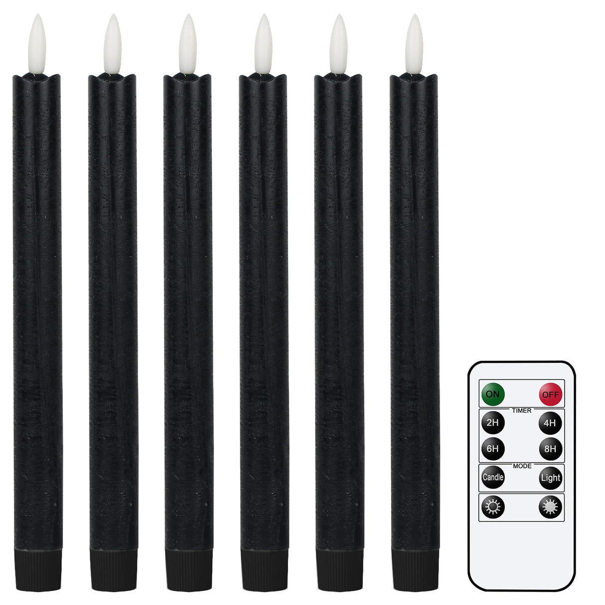 GenSwin Flameless Black Taper Candles Flickering with 10-Key Remote, Battery Operated Led Warm 3D Wick Light Window Candles Real Wax Pack of 6, Christmas Home Wedding Decor(0.78 X 9.64 Inch)