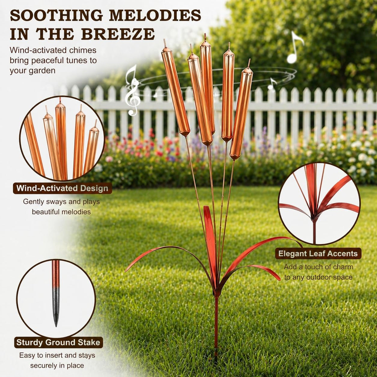 43“ Cattail Wind Chimes Stake Outdoor Decor – Plated Copper Metal Yard Cattail Plant Art Poles for Garden Patio