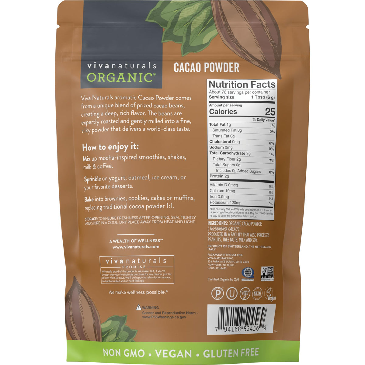 Organic Cacao Powder, Unsweetened, 1 lb (454 g) – Rich Dark Chocolate Flavor, Perfect for Baking, Smoothies & Hot Chocolate – Vegan, Keto, Paleo, Non-GMO & Gluten-Free Cocoa Powder