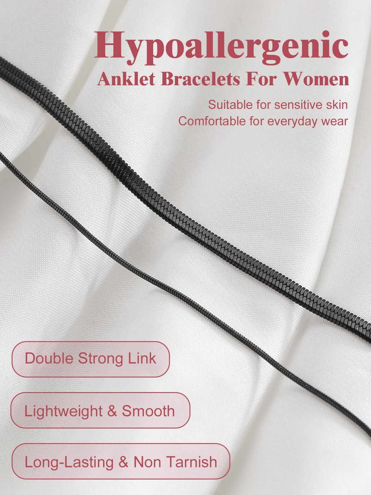 FOCALOOK Ankle Bracelets for Women, Waterproof Black Anklets Trendy Layered 3mm Flat Snake Chain & 1mm Round Snake Chain for Large Ankle Summer Beach