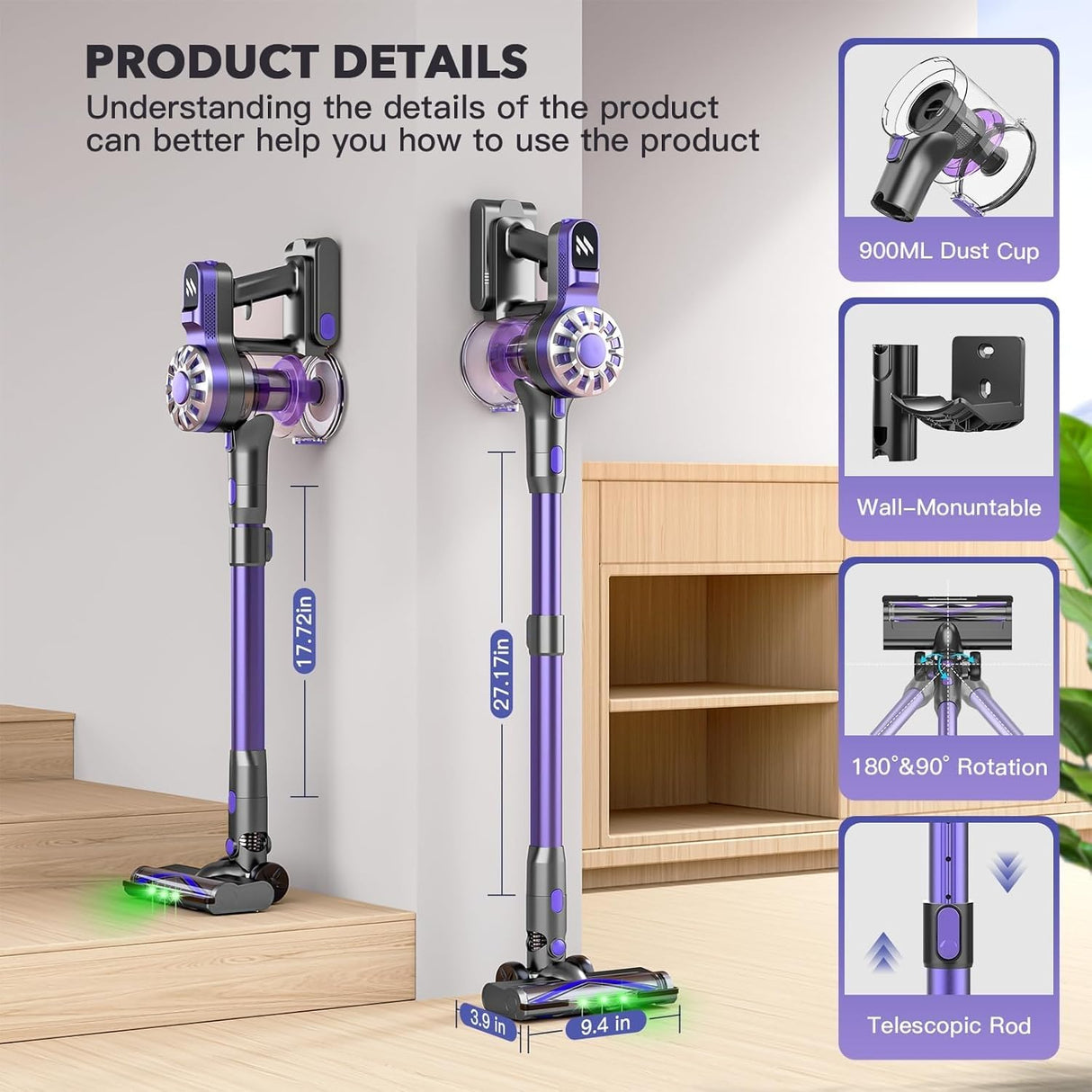 ATTELL Cordless Vacuum Cleaner,28Kpa Strong Suction,Wall Mounted Charging,Removable Battery,Green Light to Show Dust,Low Noise Handheld Vacuum Cleaner,Suitable for Carpets,Pet Hair, Hard Floors