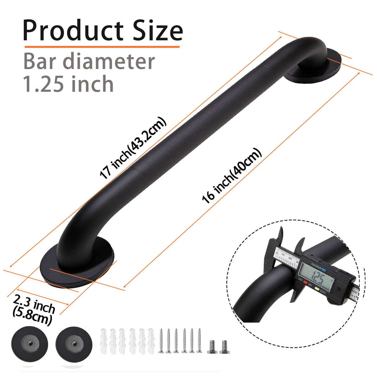 Rackickyer Shower Grab Bar, 2 Pack 16 Inch Black Bathroom Grab Bar, 1.25" Diameter 304 Stainless Steel Anti-Slip Grab Bars for Bathtubs and Showers, Handicap Shower Grab Bar for Seniors Elderly