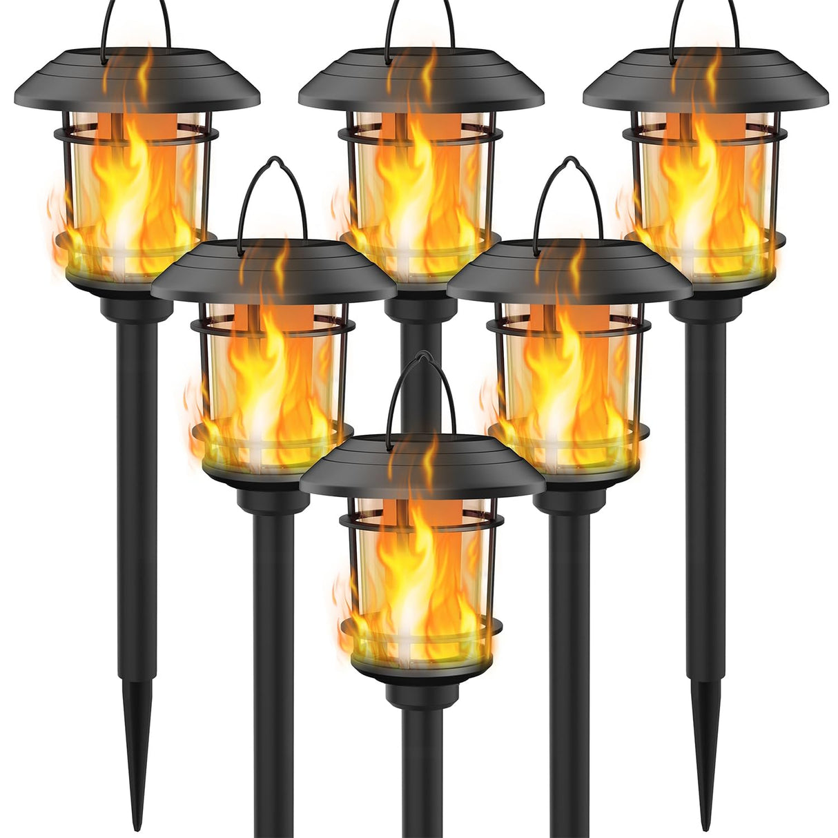 Dynaming 6 Pack Solar Flame Torch Lights Outdoor, Halloween Dual Use Flickering Flame Garden Light, Christmas Hanging Lanterns, Auto On/Off & Waterproof Lighting for Lawn Patio Yard Walkway Driveway