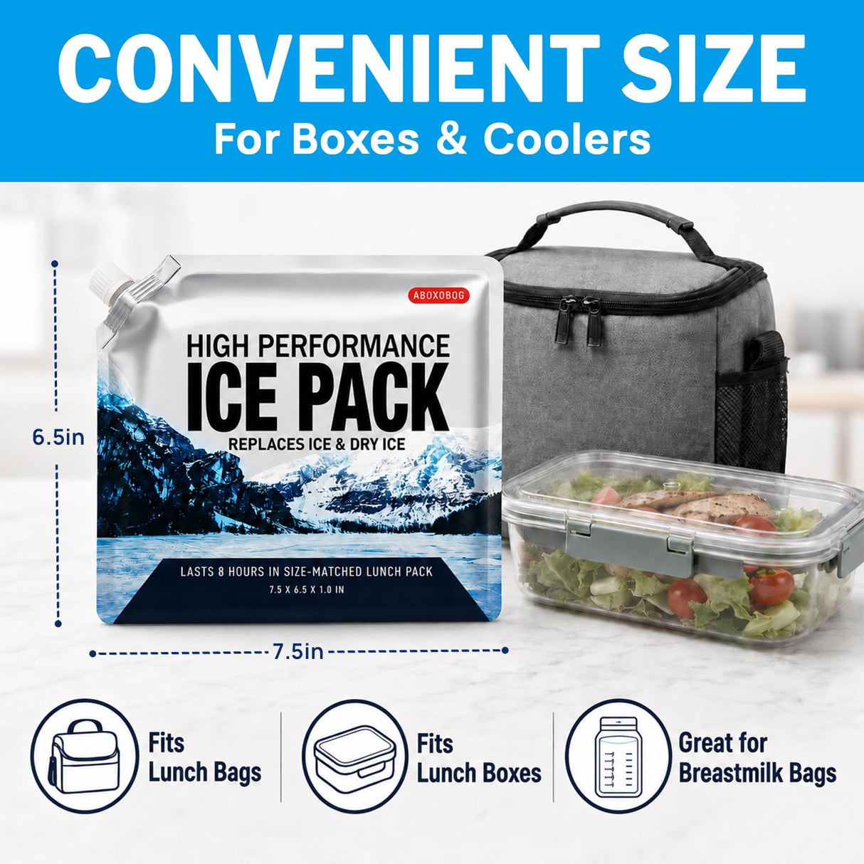 ABOXOBOG Reusable Ice Packs for Lunch Box Long Lasting Slim Gel Freezer Packs for Cooler Bag Cooler Backpack, Keeps Food Cold Fresh for Work & School & Camping & Outdoor Gear(6.5"x7.5"x5P)