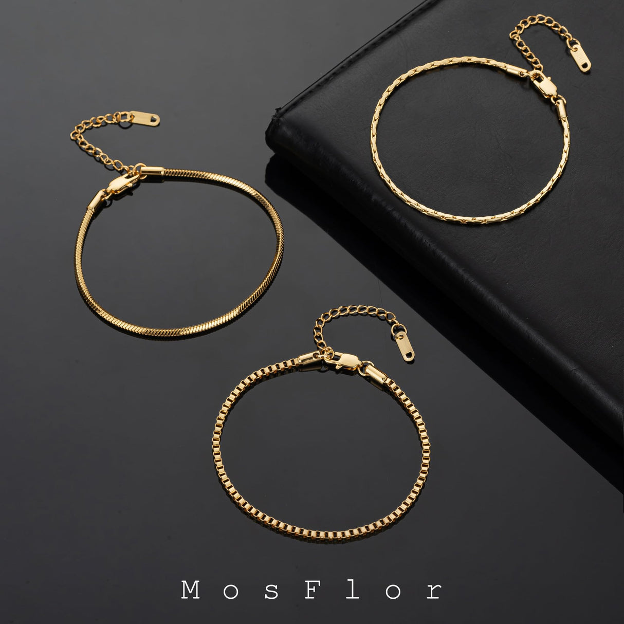 Gold Chain Bracelet for Women Men Trendy - 14K Gold Plated Bracelet Dainty Gold Snake Link Bracelet Stack Simple Jewelry Chain Set Adjustable Bracelet Accessories for Dad Husband 3 Pcs