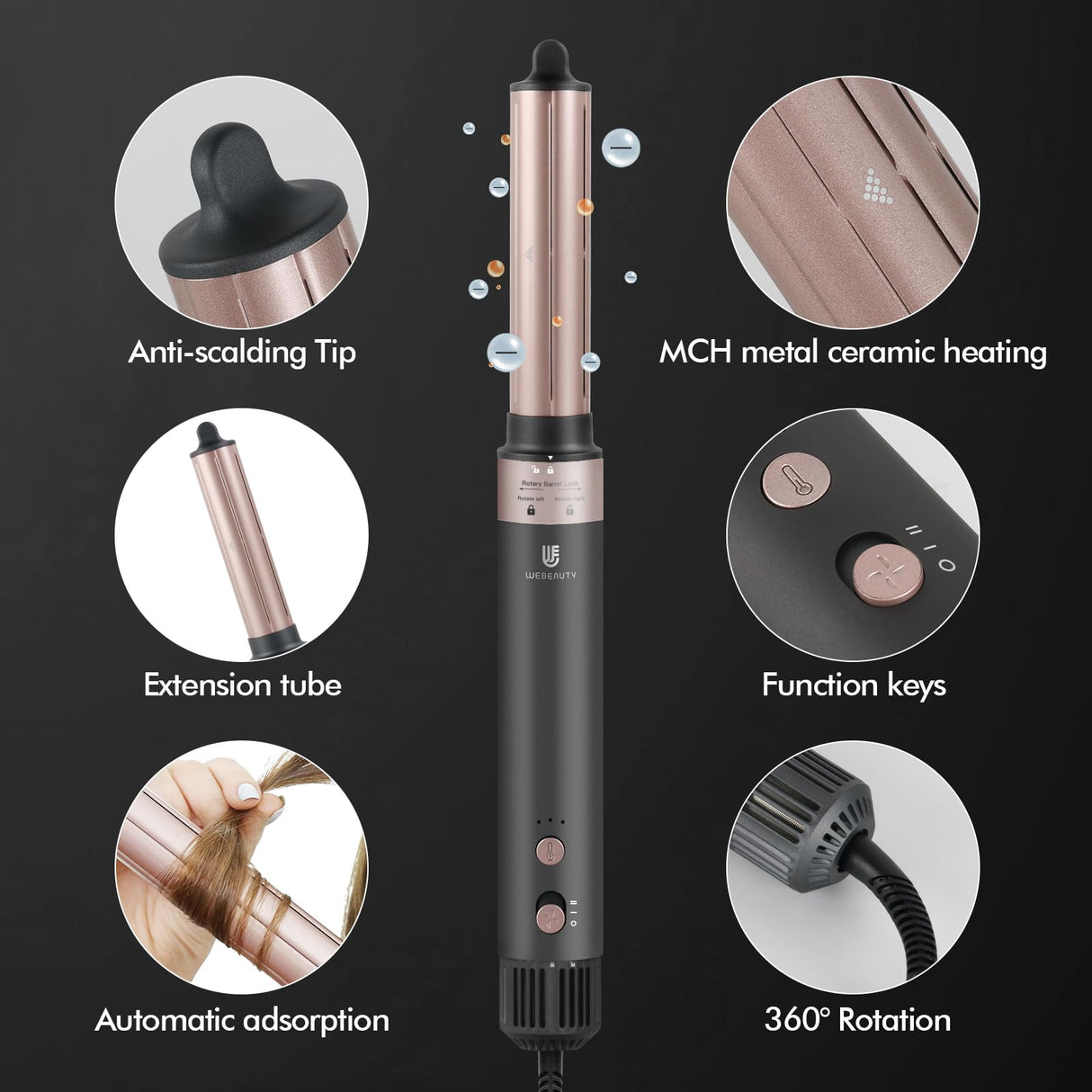 Hair Dryer Brush Hot Air Styler| 4 in 1 Professional Blow Dryers Hair Styling Tool Set with 1 1/4 Inch Auto Air Curling Wand Hair Curler, Negative Ionic for Fast Drying Curling Volumizing (Black)