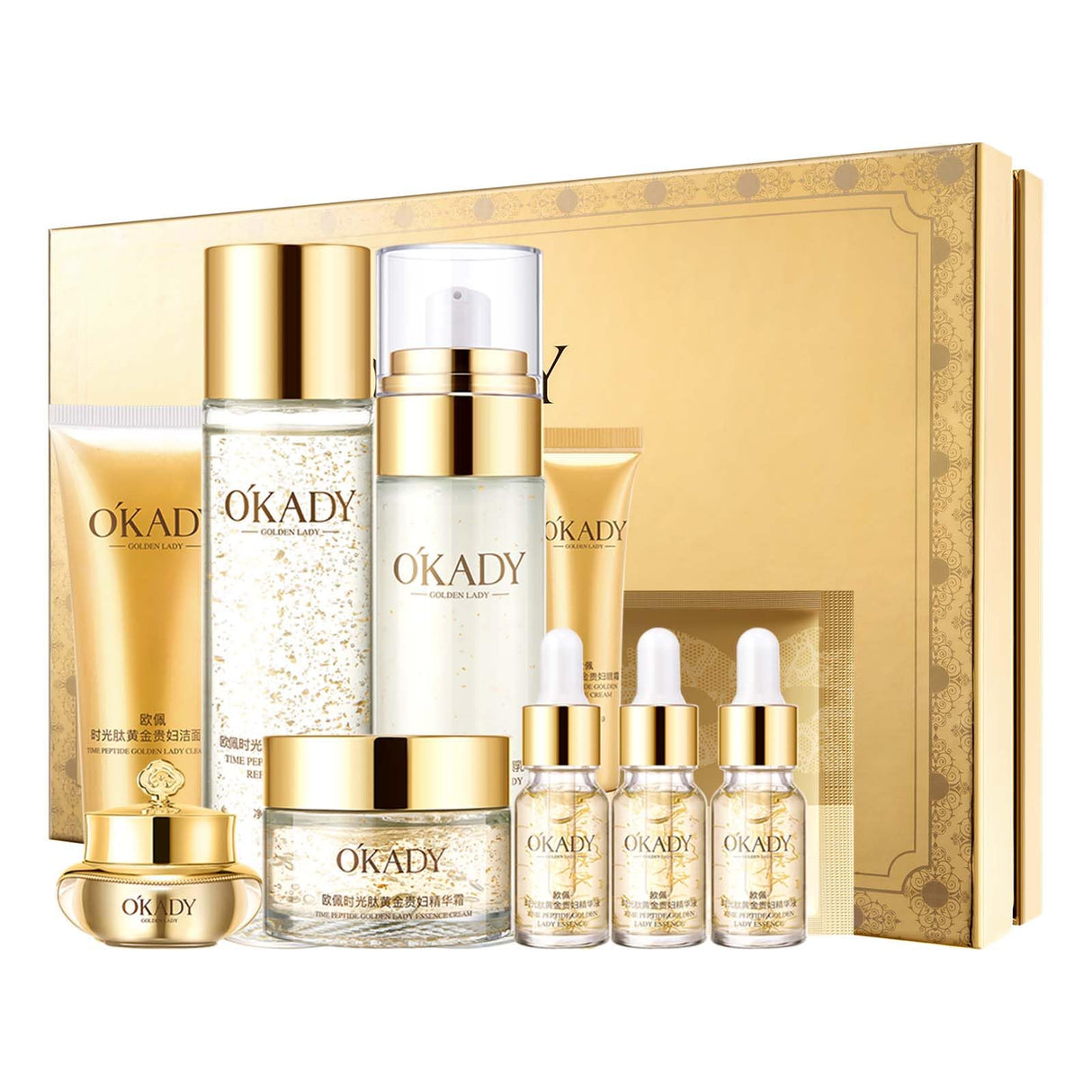OKADY skincare set Anti Aging Skin 10-piece Daily Care Routine Kit With Vitamin C and Peptides Eye Mask Toner Serum Eye Cream Lotion Lady Cream Gifts sets for Valentine's Day