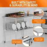 HOCCOT Stainless Steel Table with Wheels 30" x 48" Utility Worktable with Adjustable Undershelf for Commercial Kitchen, Garage, Restaurant