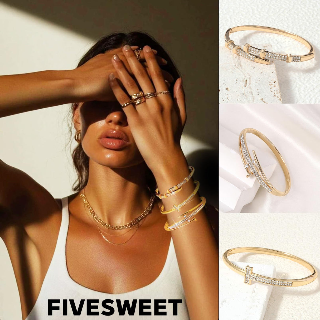 Pack of 6 - Gold Bracelet Bangles Bulk Set for Women,Trendy Stackable, Zinc Alloy Rivet & Four-Leaf Clover Design Stackable Bangles with Rhinestones, 7-inch Circumference Fits Most Adults, Jewelry Gift for Her, Girlfriend, Wife, Mom, Sister, Lover on Birt