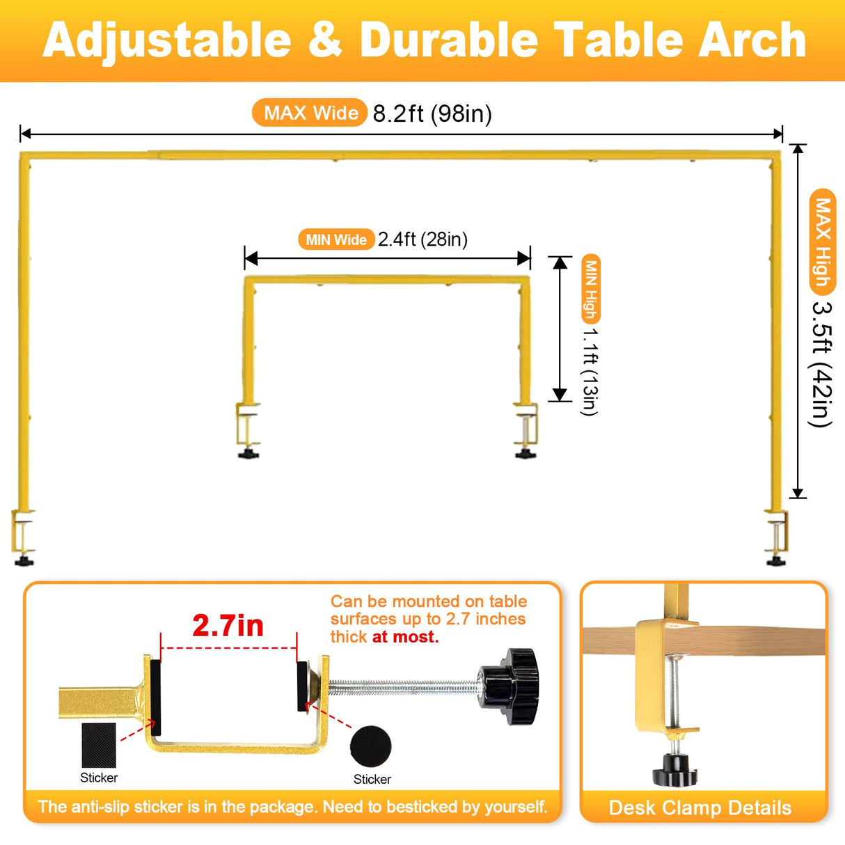 Over The Table Rod Stand with Clamps, Adjustable Table Arch 28"-98" Length, 13"-42" Tall, Table Balloon Arch Stand for Wedding, Birthday, Christmas, Halloween, Craft, Party Decoration, Gold