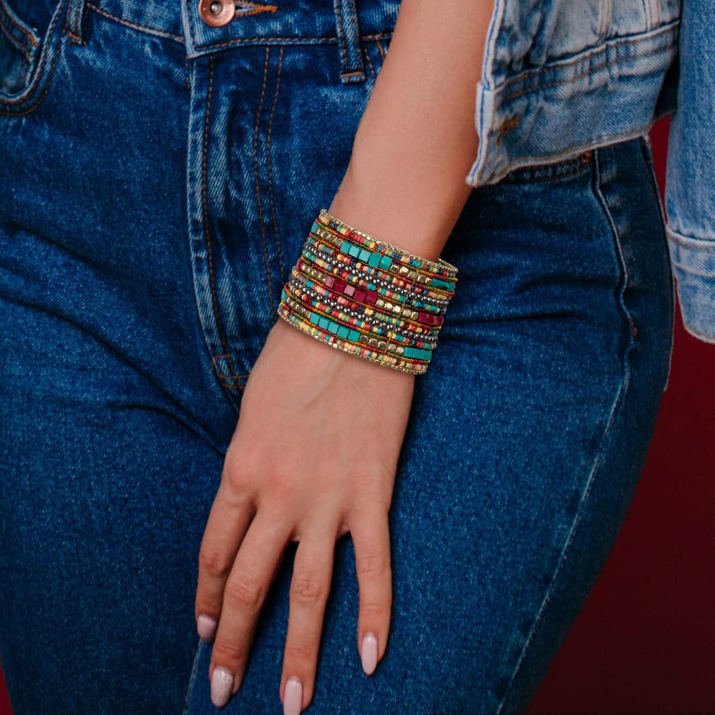 SPUNKYsoul Boho Cuff Bracelets, Women Adjustable Stackable Beaded Accessory