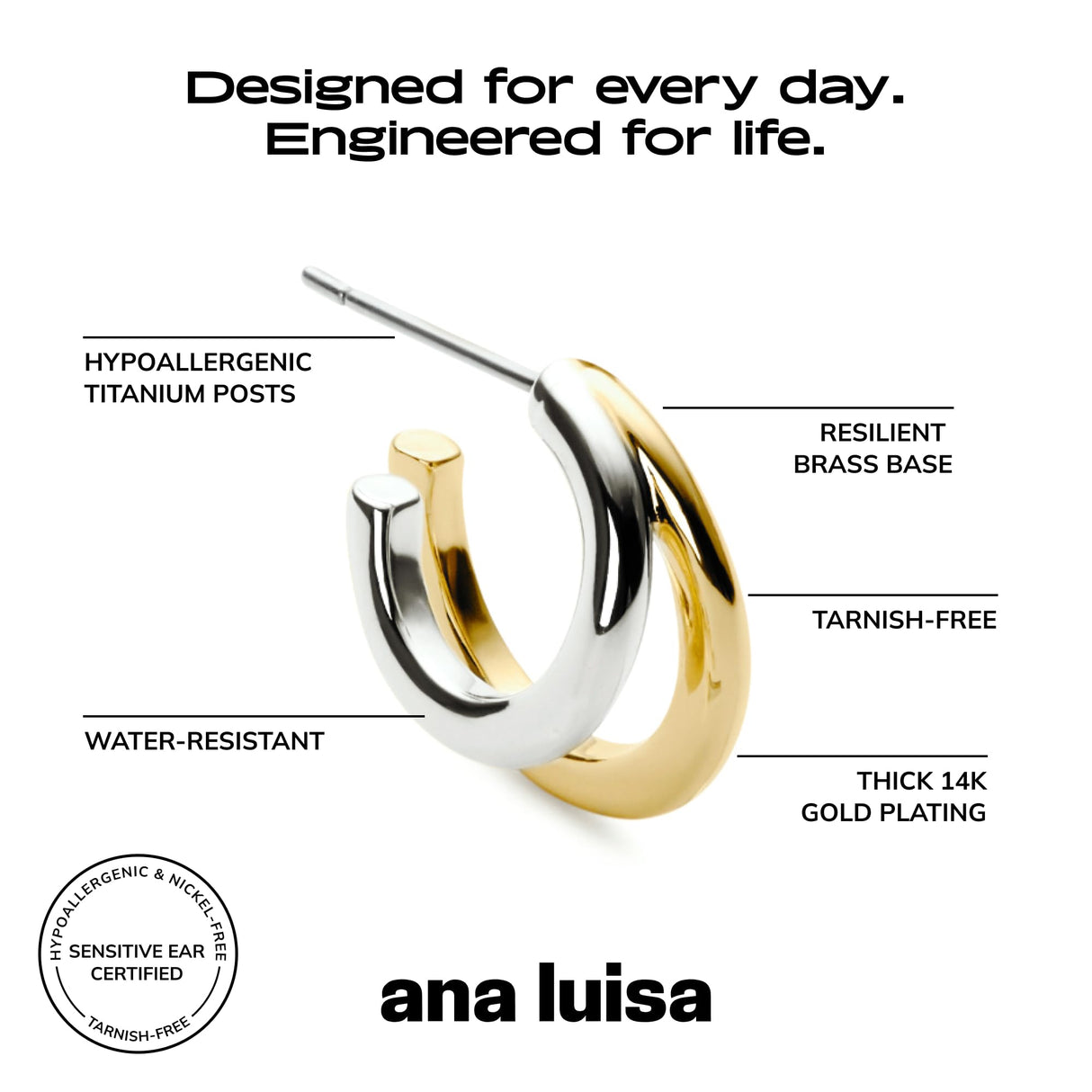 Ana Luisa Double Hoop Earrings for Women - Sterling Silver, 14K Gold Plated & Silver Rhodium Huggie Hoops - Hypoallergenic, Water-Resistant, Tarnish-Free, Dainty Two Hoop Earrings for Daily Wear
