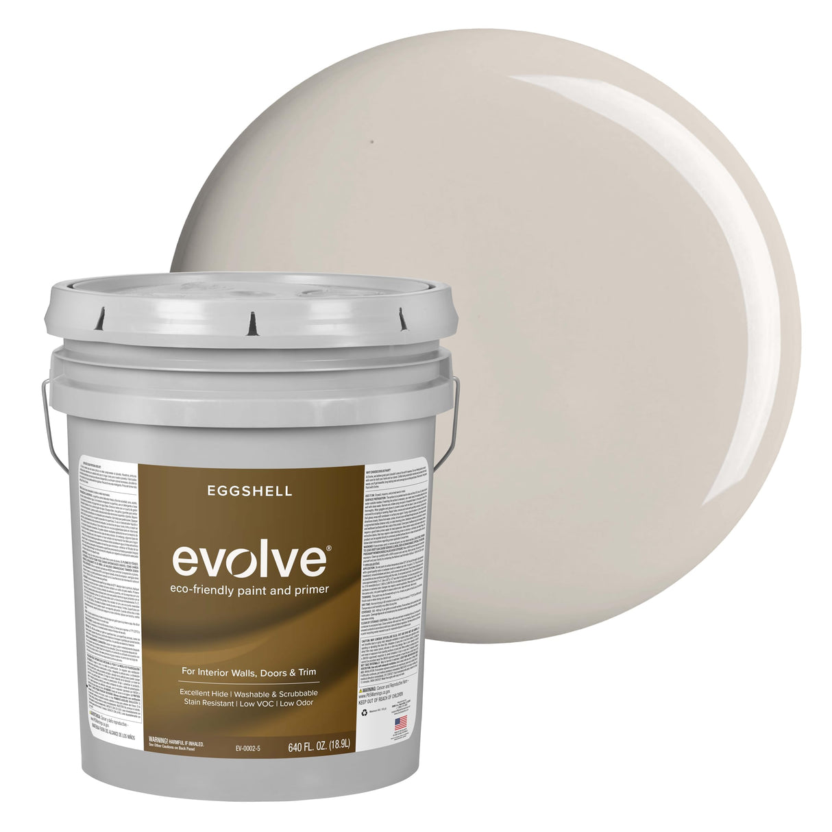 EVOLVE Interior Paint & Primer, Eggshell (Warm Gray), 5 Gallon – One-Coat Coverage, Excellent Hide, Low VOC, Low Odor, Washable Paint for Walls, Doors & Trim