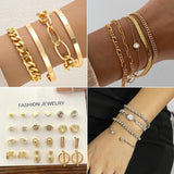 CONGYING 65 Pcs Gold Jewelry Set with 6Pcs Layered Necklace, 11 Pcs anklet and 7Pcs Earring Ear Cuff,11Hoop Earrings,15pcs Rings,15pcs stud earrings Jewerly set for Women Pack for Party GiftL