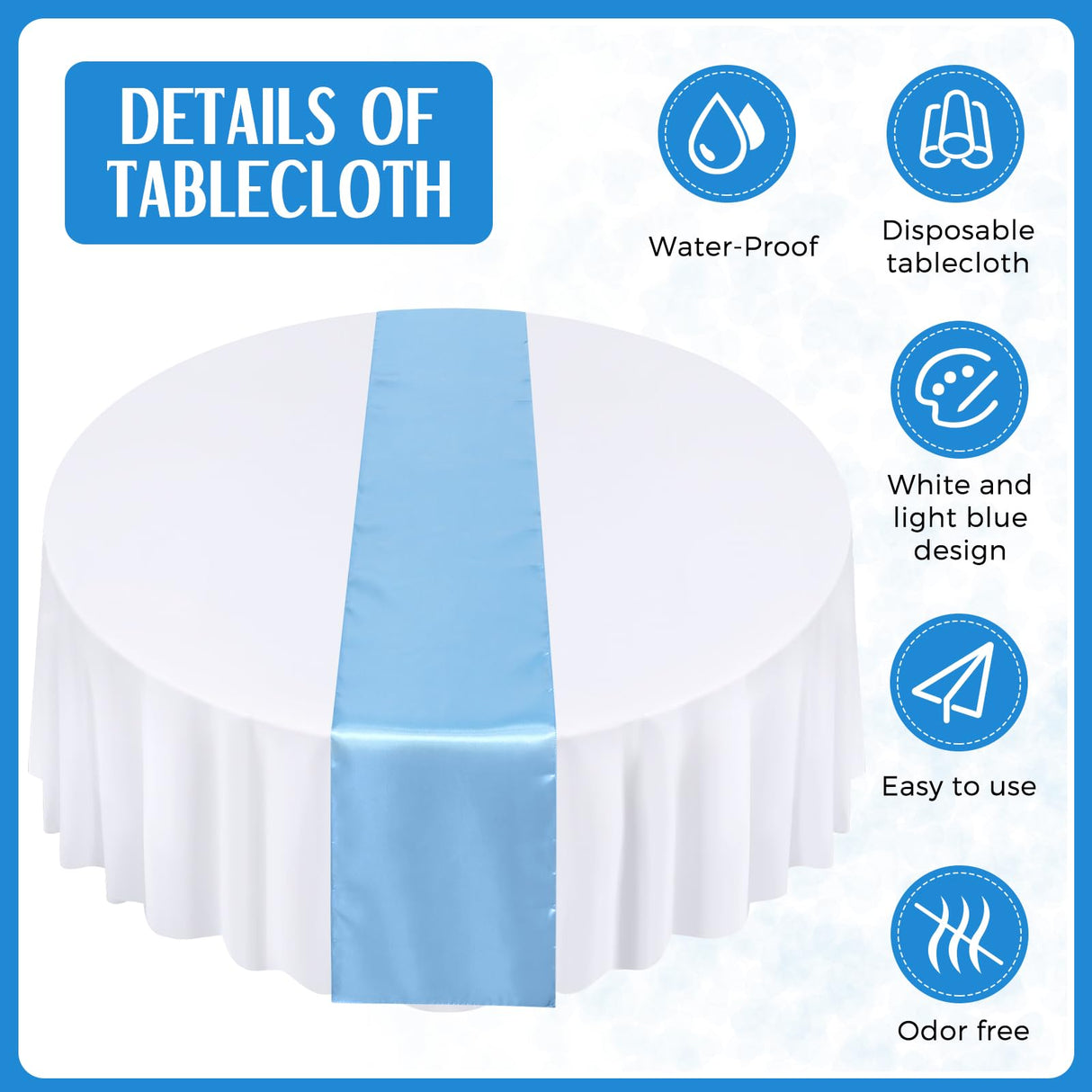 Tudomro 16 Pcs White and Light Blue Round Plastic Tablecloth and Satin Table Runner Set 84 Inch Round Covers 12 x 108 Inch Table Runners for Christmas Wedding Birthday Party Baby Shower