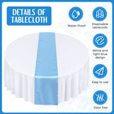 Tudomro 16 Pcs White and Light Blue Round Plastic Tablecloth and Satin Table Runner Set 84 Inch Round Covers 12 x 108 Inch Table Runners for Christmas Wedding Birthday Party Baby Shower