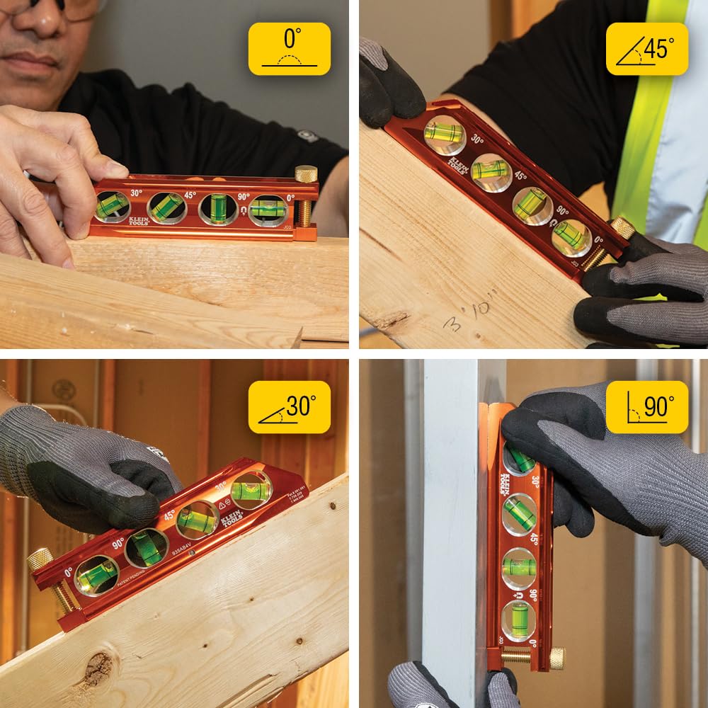 Klein Tools 935AB4V Level, 6-Inch Magnetic Torpedo and Conduit Level with 0/30/45/90 Degree Vials, V-Groove and Magnet Track, High Visibility Orange
