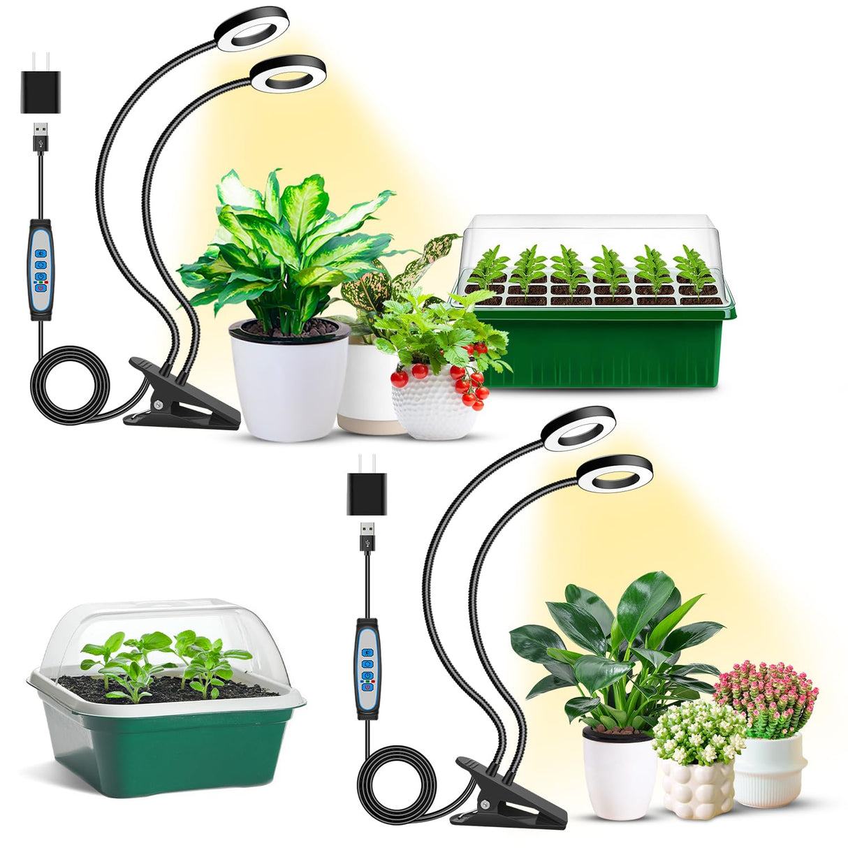 Eurbolan Plant Lights for Indoor Growing,2 in 1 Halo Grow Light with Clip,192 LED Full Spectrum Clip On Plant Grow Lights with 360°gooseneck,3 Spectrum Modes, 6/12/16Hrs Auto Time&5 Brightness 2 Pack