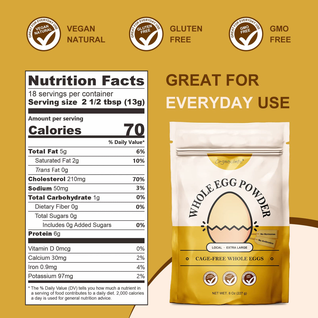 Orgnisulmte Whole Egg Powder, Fresh Pasteurized Egg Powder, All Natural, No Additives, Gluten Free Excellent for Baking Made in USA 8 Oz