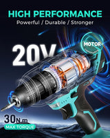 COMOWARE 20V Cordless Drill, Electric Power Drill Set with 1 Battery & Charger, 3/8" Keyless Chuck, 2 Variable Speed, 266 In-lb Torque, 25+1 Position and 34pcs Power/Driver Bits