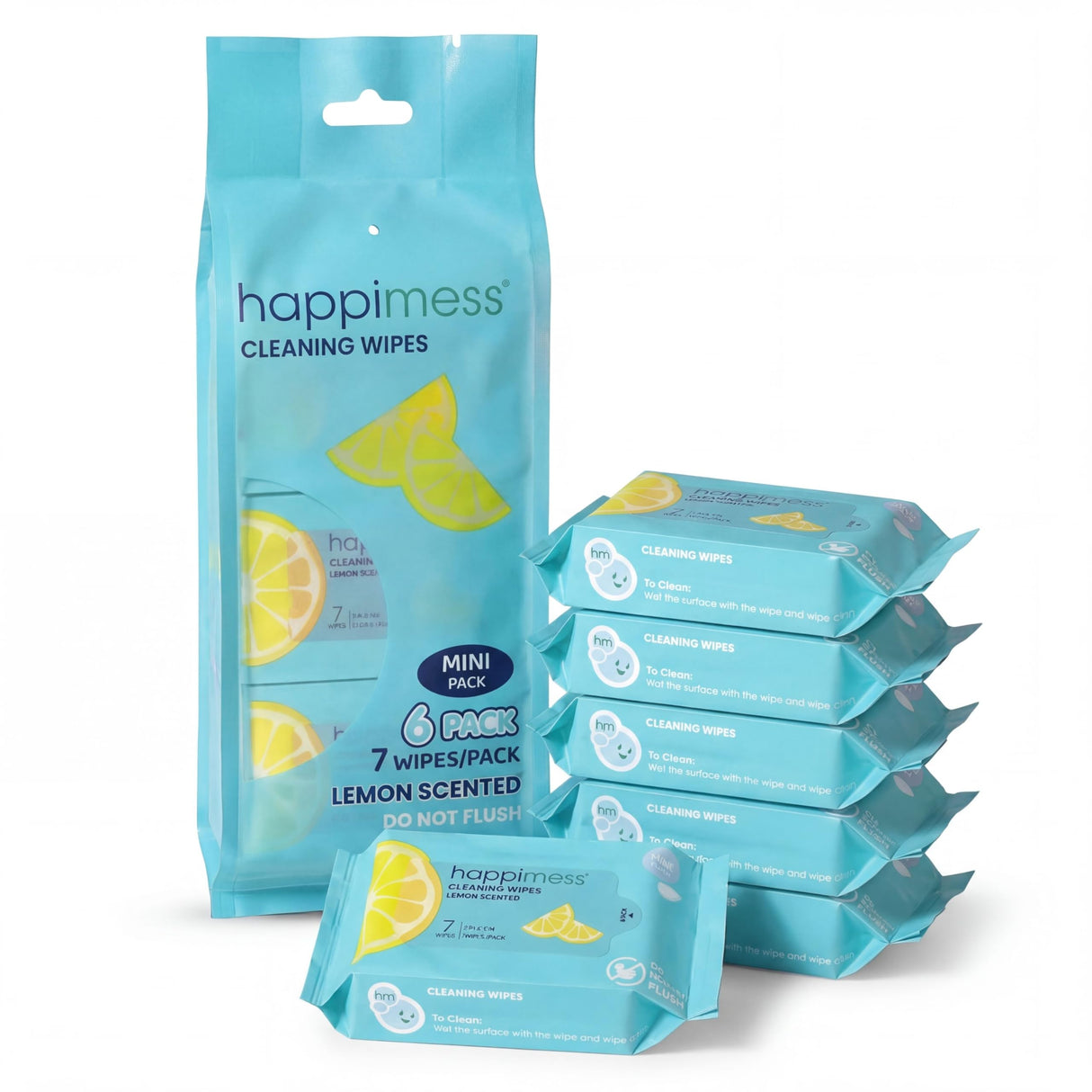happimess WPE1005A-6SET On-the-Go Multi-Surface Cleaning Wipes, Lemon Scented Travel Wipes, 36 Mini Packs, 7 Wipes Per Pack (252 Total Wipes)