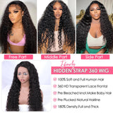 Ebarly Hidden Strap 360 Full Lace Front Wigs Human Hair Pre Plucked Bleached Knots 180 Density Water Wave HD Lace Frontal Wig with Drawstring Natural Hairline Glueless Wigs for Women(24 inch)