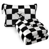 Travel Blanket and Pillow Compact, Premium Soft 2 in 1 Airplane Blanket with Soft Bag Pillowcase，Hand Luggage Sleeve and Backpack Clip (Checkered Black)