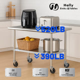 Hally Stainless Steel Table for Prep & Work 30 x 60 Inches with Caster Wheels, NSF Commercial Heavy Duty Table with Undershelf and Galvanized Legs for Restaurant, Home and Hotel