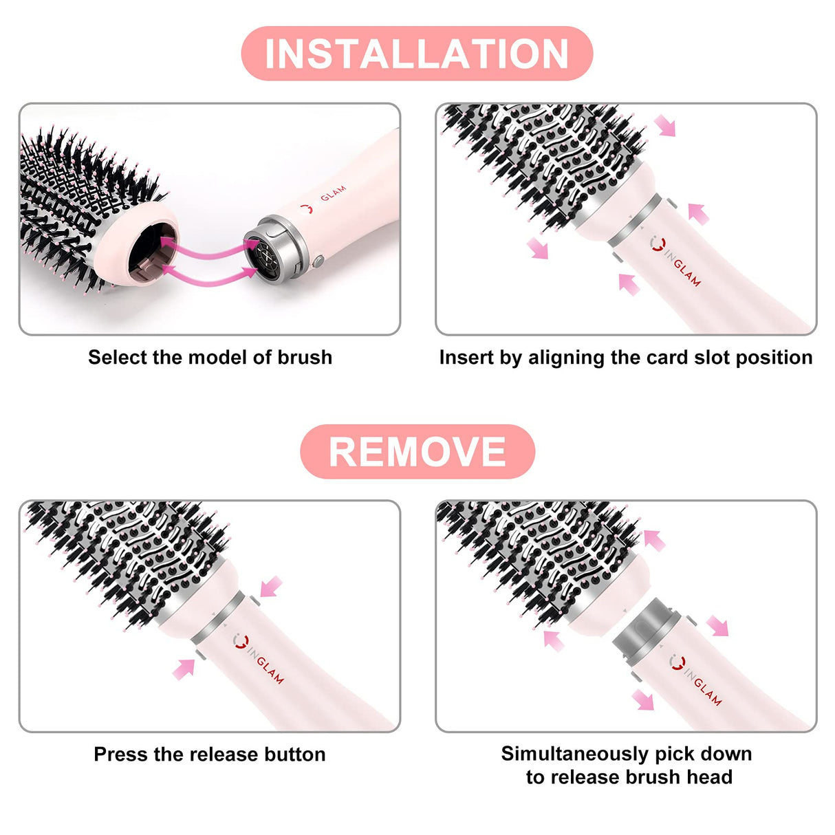 IG INGLAM 4 in 1 Blowout Hair Dryer Brush Set - Negative Ion Detachable Hair Dryer, Volumizer Styler with 2 Brush Heads, Pink