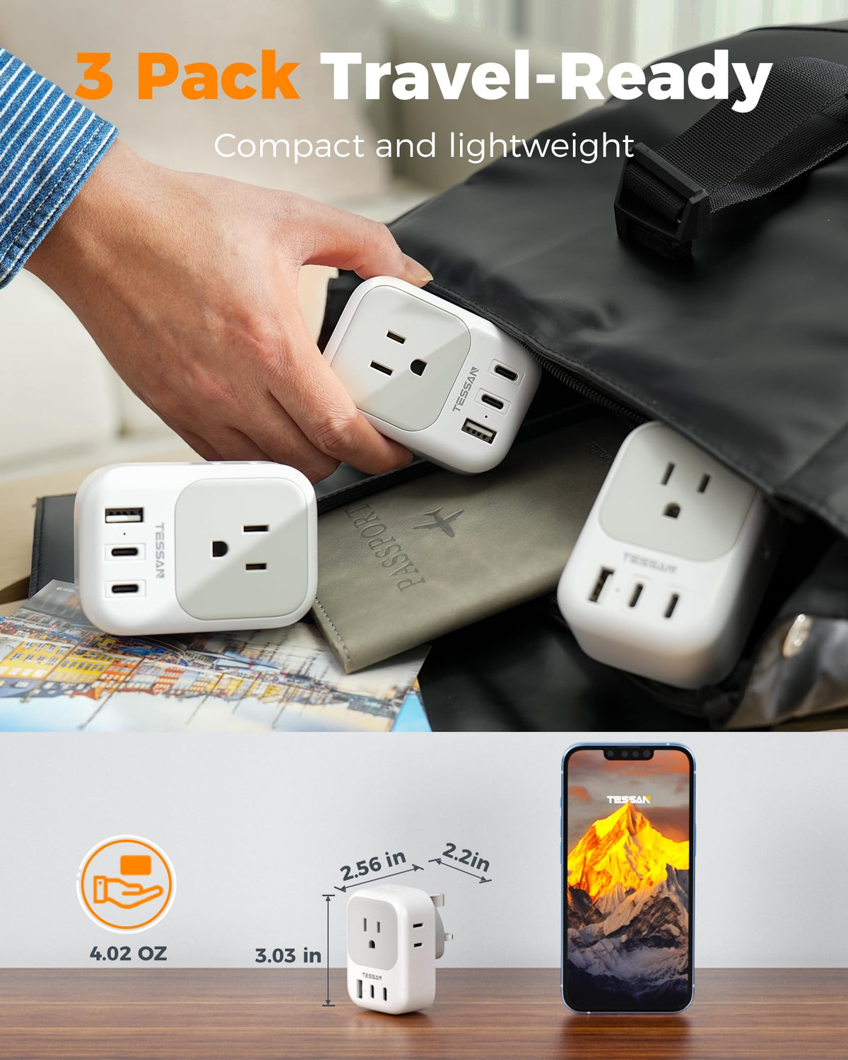 US to UK Plug Adapter 3 Pack, TESSAN Type G Adapter for Travel with 4 ...