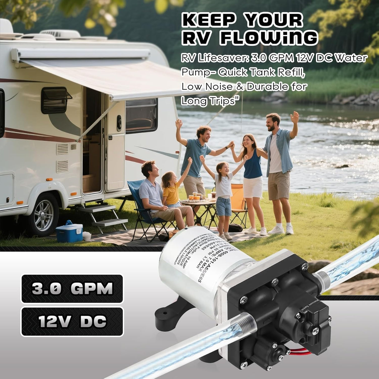 12V RV Water Pump 4008-101-A65/E65 | 3.0 GPM - 55 PSI | Camper RV Water Pump | Self-Priming & Quiet Diaphragm Pump | Thermal Protection & Dry Run Safe | for Halloween Christmas