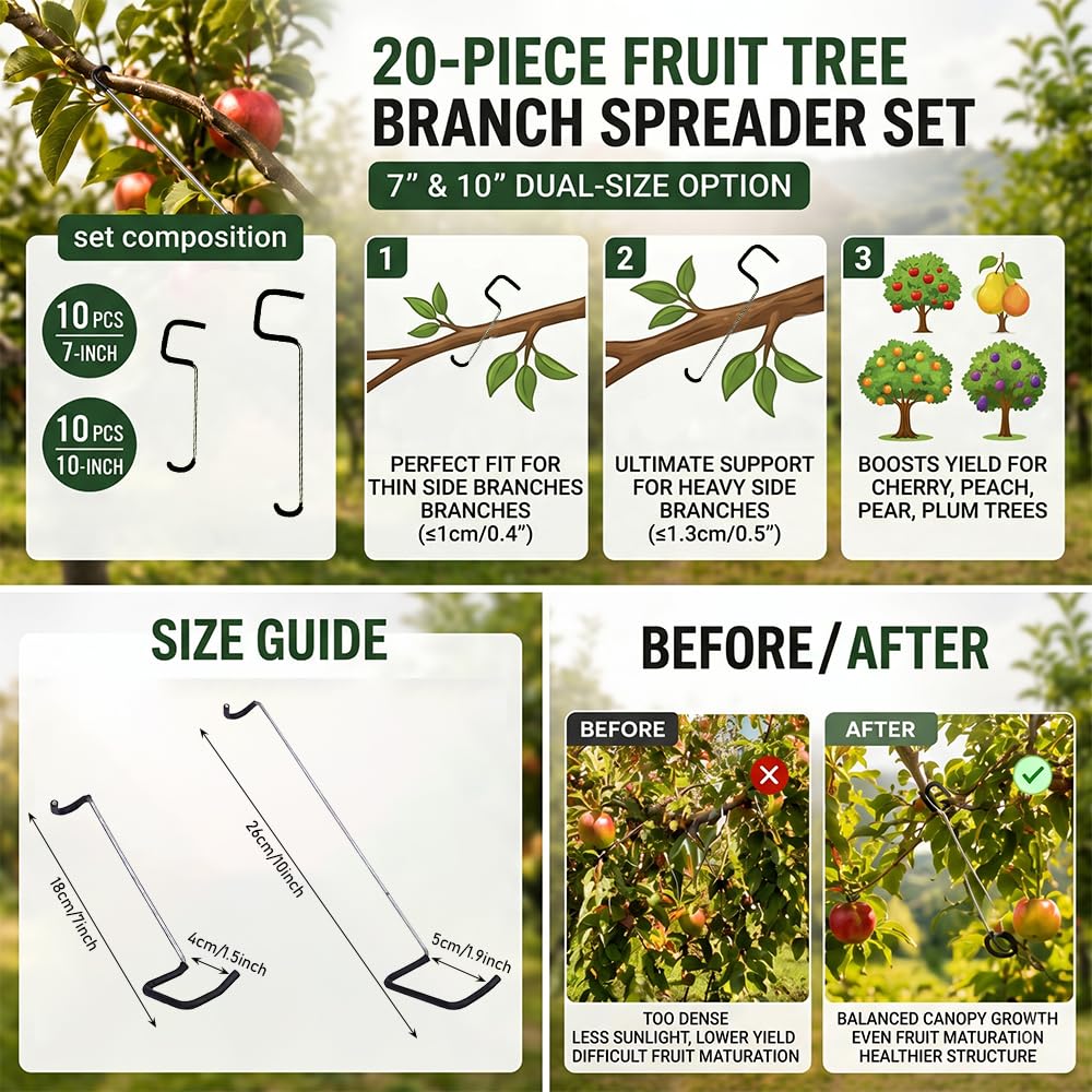 IXIGER 20 PCS Tree Limb Spreader Set – Fruit Tree Branch Puller, Heavy-Duty Limb Spreaders for Fruit Trees with Branch Support Function (7 Inch & 10 Inch)
