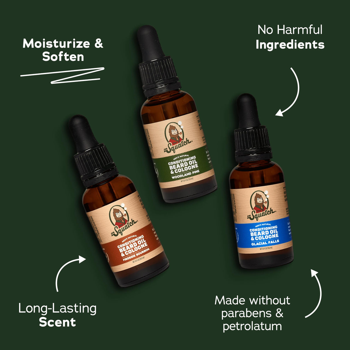 Dr. Squatch Conditioning Beard Oil & Cologne 3 Pack - Natural Men's Beard Oil Gift Pack - Nourish & Moisturize - Long Lasting Scent - Fireside Bourbon, Glacial Falls, Woodland Pine