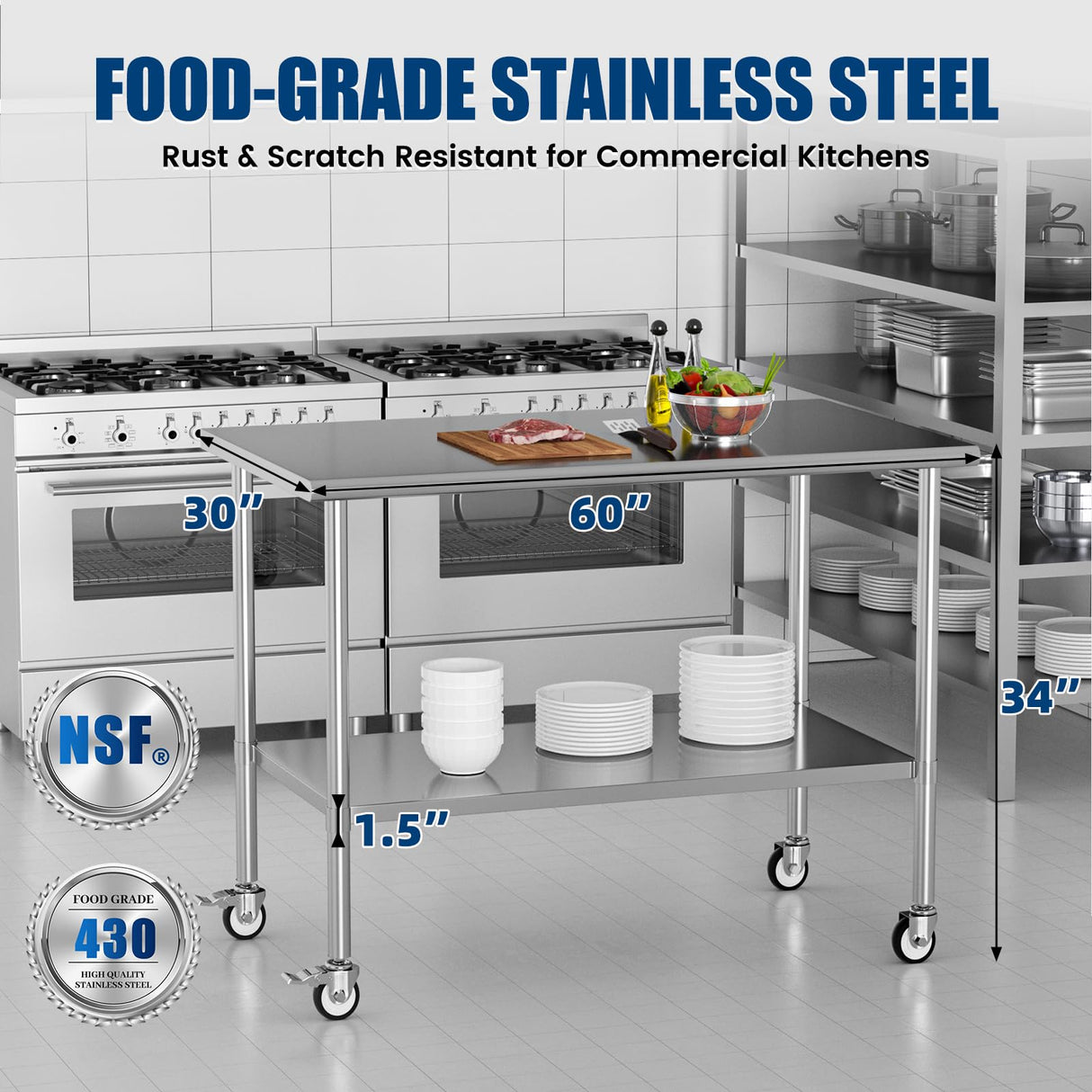 Chingoo Stainless Steel Work Table with Wheels, 30x60 Inch NSF Kitchen Prep Table with Adjustable Undershelf for Commercial Restaurant, Garage, Outdoor BBQ